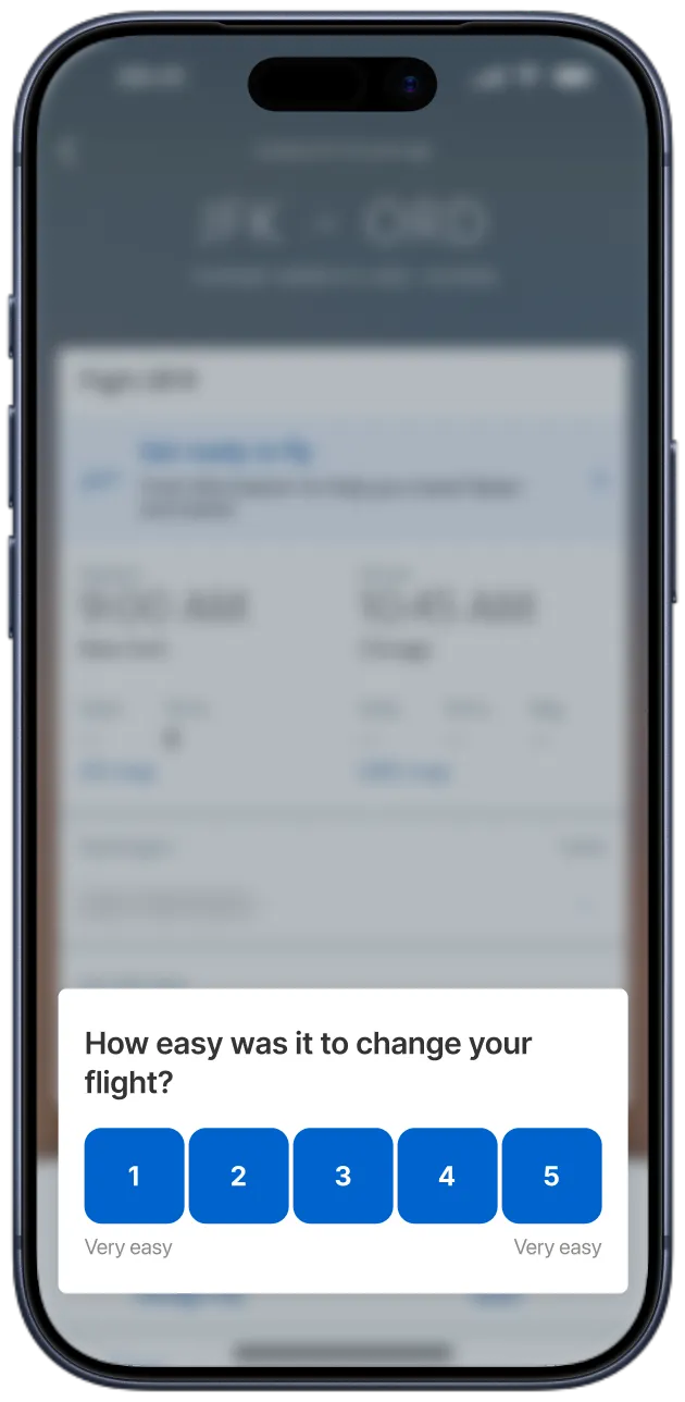 An ease-of-effort question about changing a flight, on a 1-to-5 scale from not easy to very easy, inside a mobile airline app.