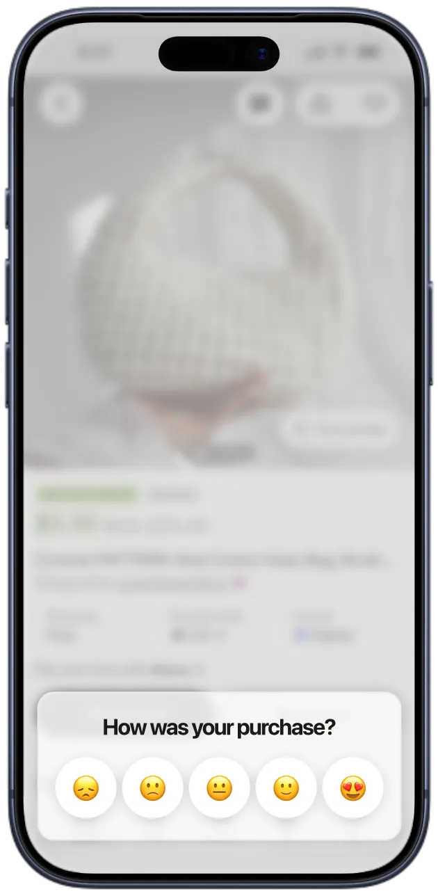 A satisfaction question about a purchase, answered on a five-point scale of emoji faces, inside a mobile shopping app.