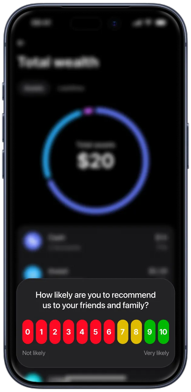 An NPS question asking how likely you are to recommend, on a 1-to-10 scale, inside a mobile finance app.