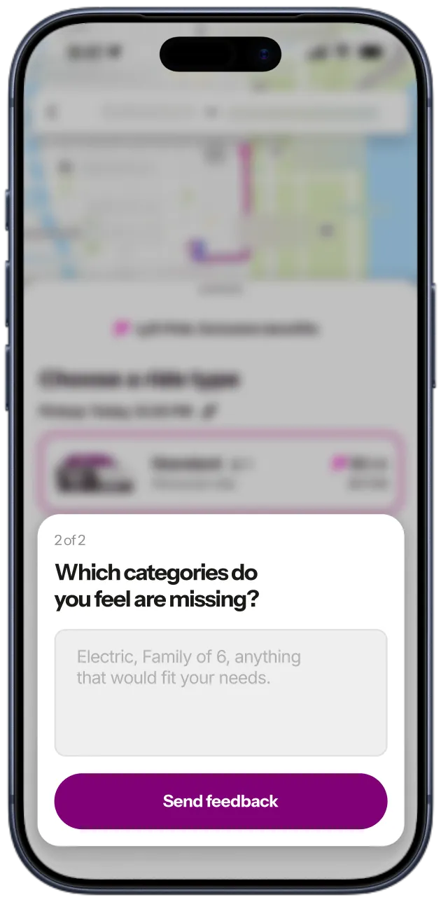 An open-text question asking which ride categories feel missing, inside a mobile ride-hailing app.