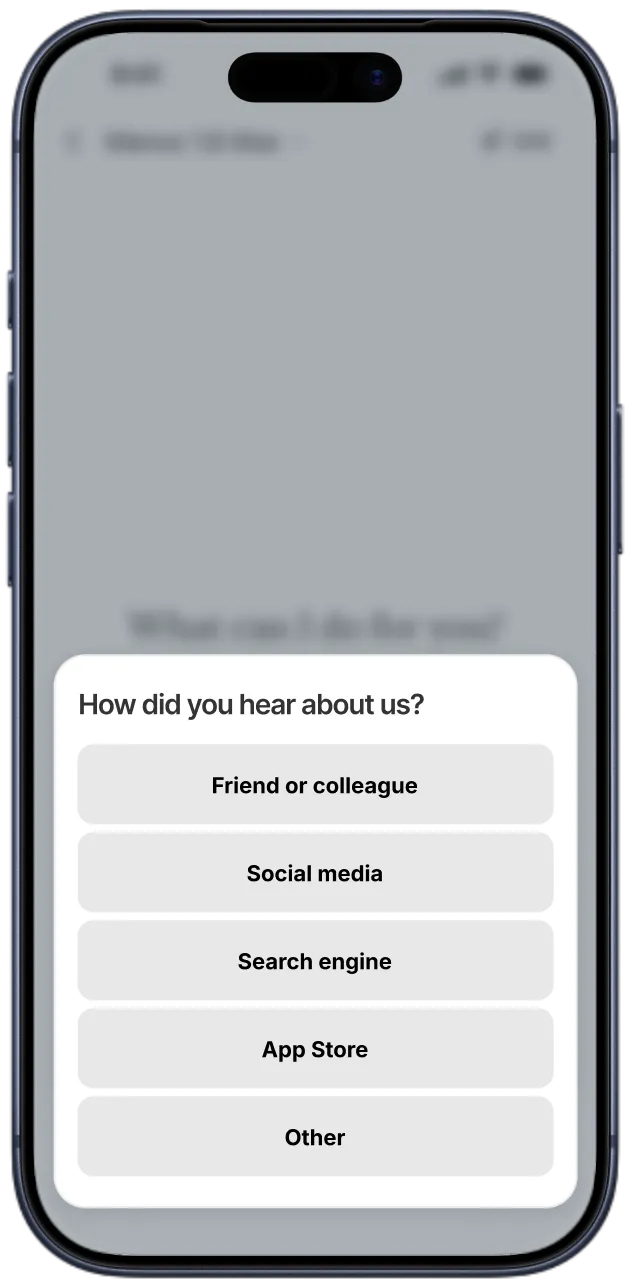 A single-choice question asking how you heard about the app, with five options, inside a mobile AI assistant app.
