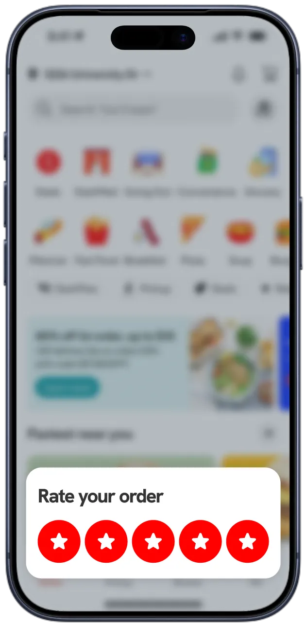 A five-star rating question about a delivery, inside a mobile food-delivery app.